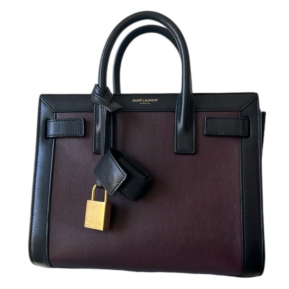 SAINT LAURENT SMALL SAC DE JOUR LEATHER TOTE BAG IN UMBER,NERO - Picture 2 of 16